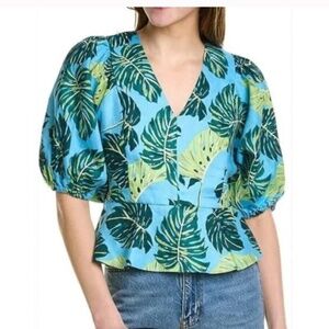 Draper James Tropical Palm Leaf Blouse Top 6 Linen Peplum Short Puff Sleeves